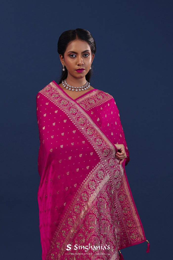 Rich Pink Satin Silk Saree With Floral Buttis