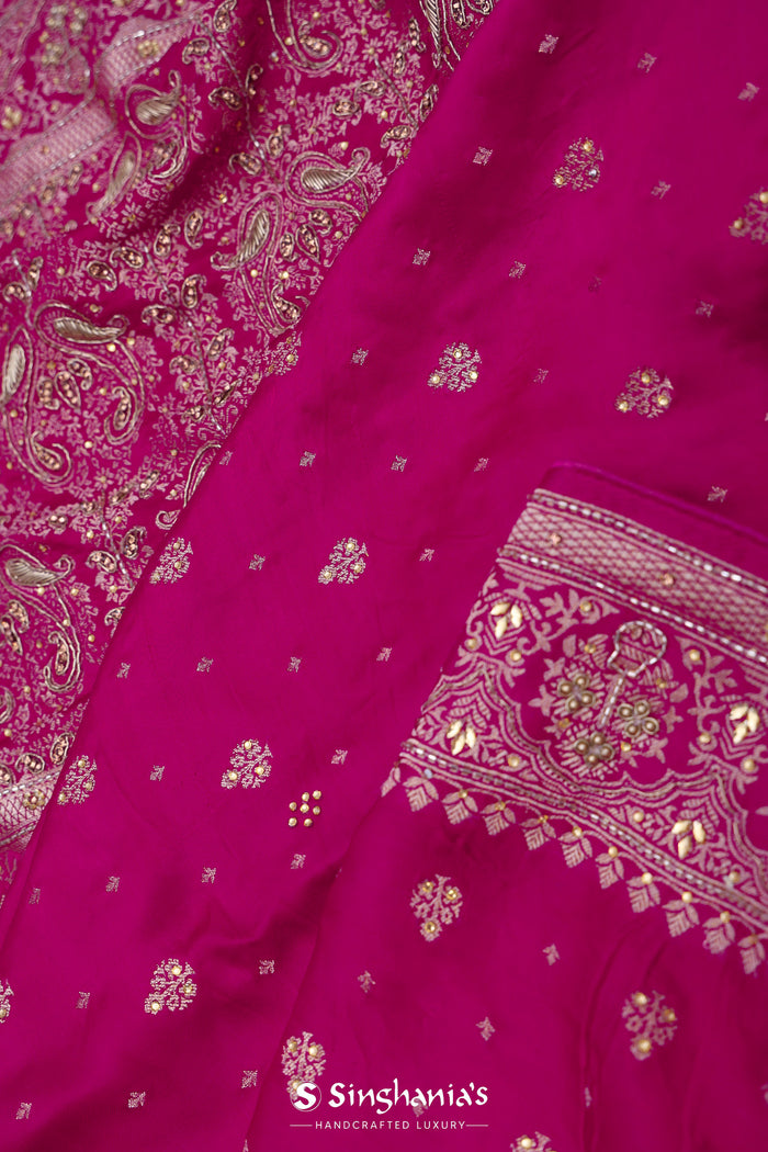 Rich Pink Satin Silk Saree With Floral Buttis