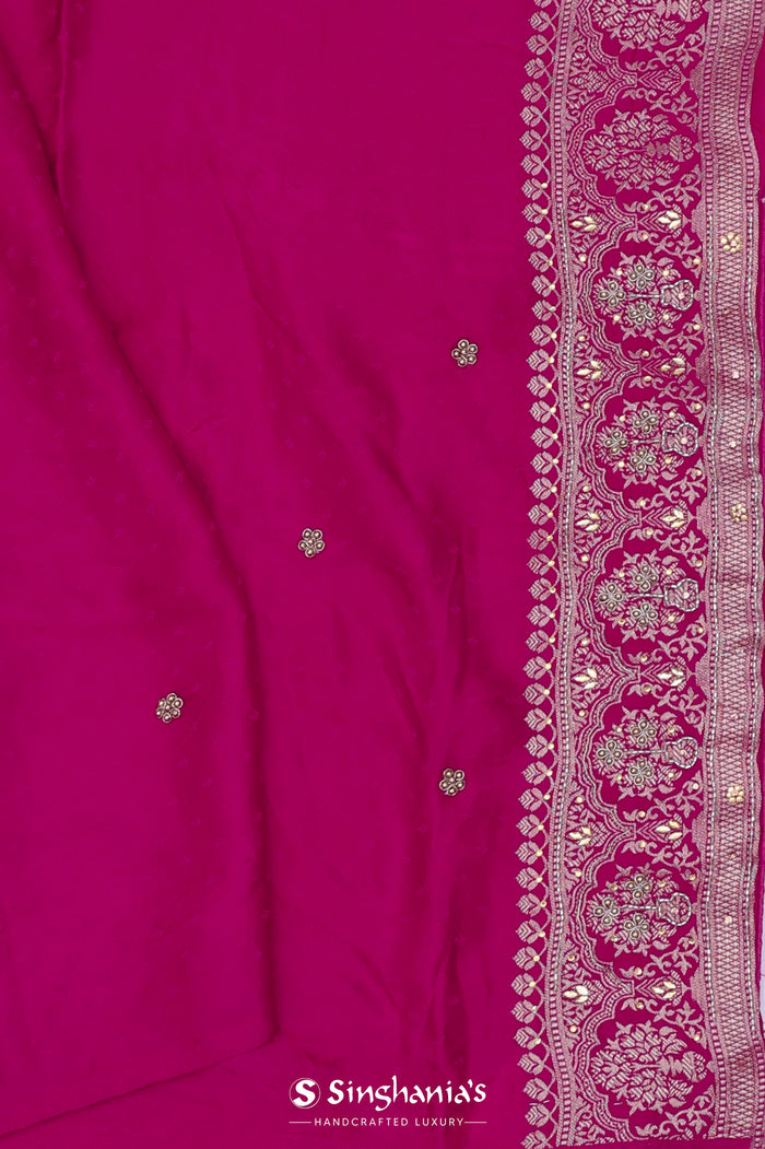 Rich Pink Satin Silk Saree With Floral Buttis