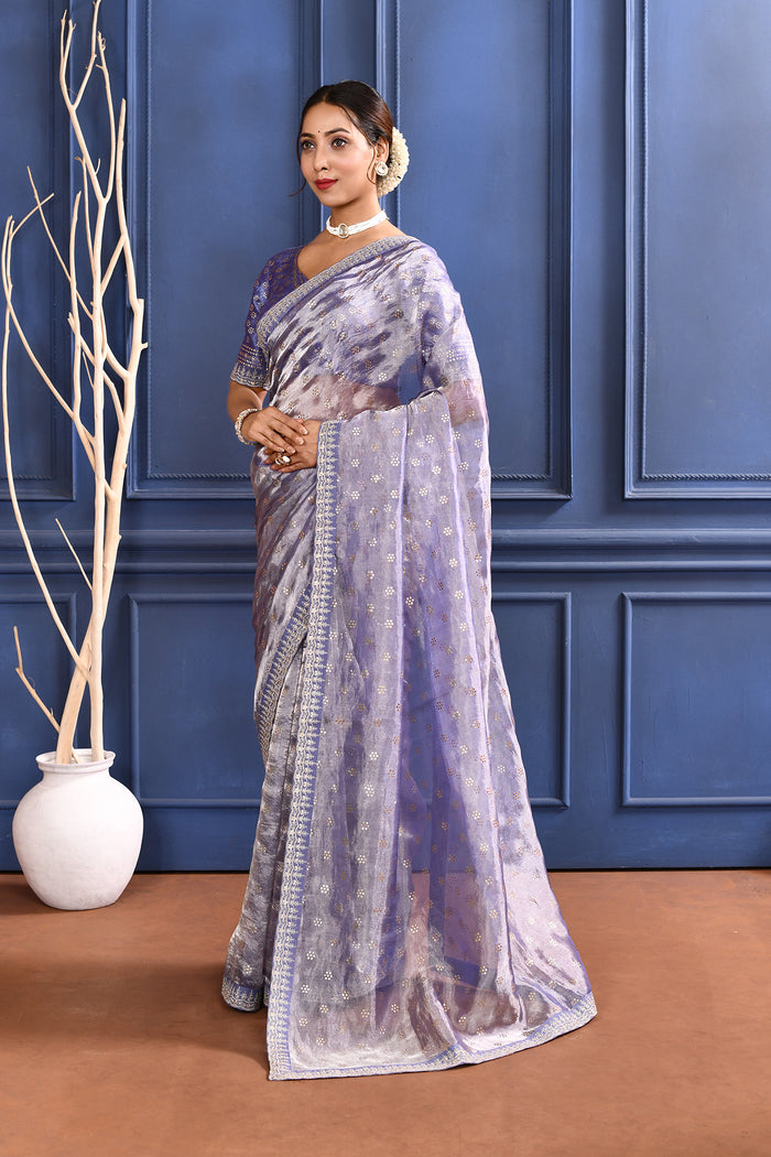 Rich Purple Embroidered Tissue Foil Saree