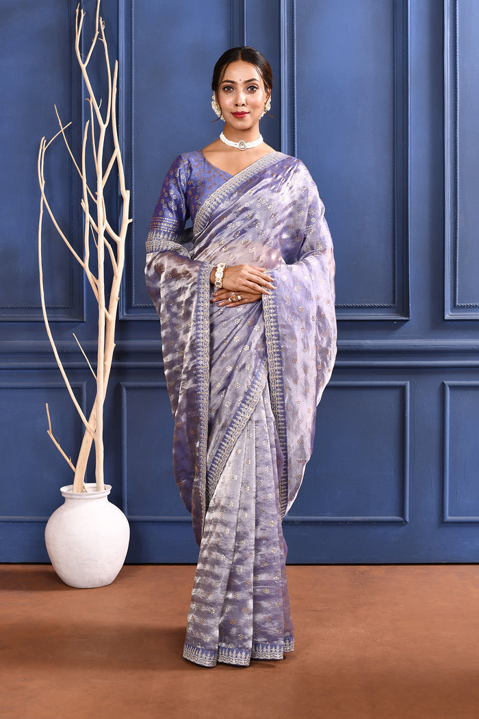 Rich Purple Embroidered Tissue Foil Saree