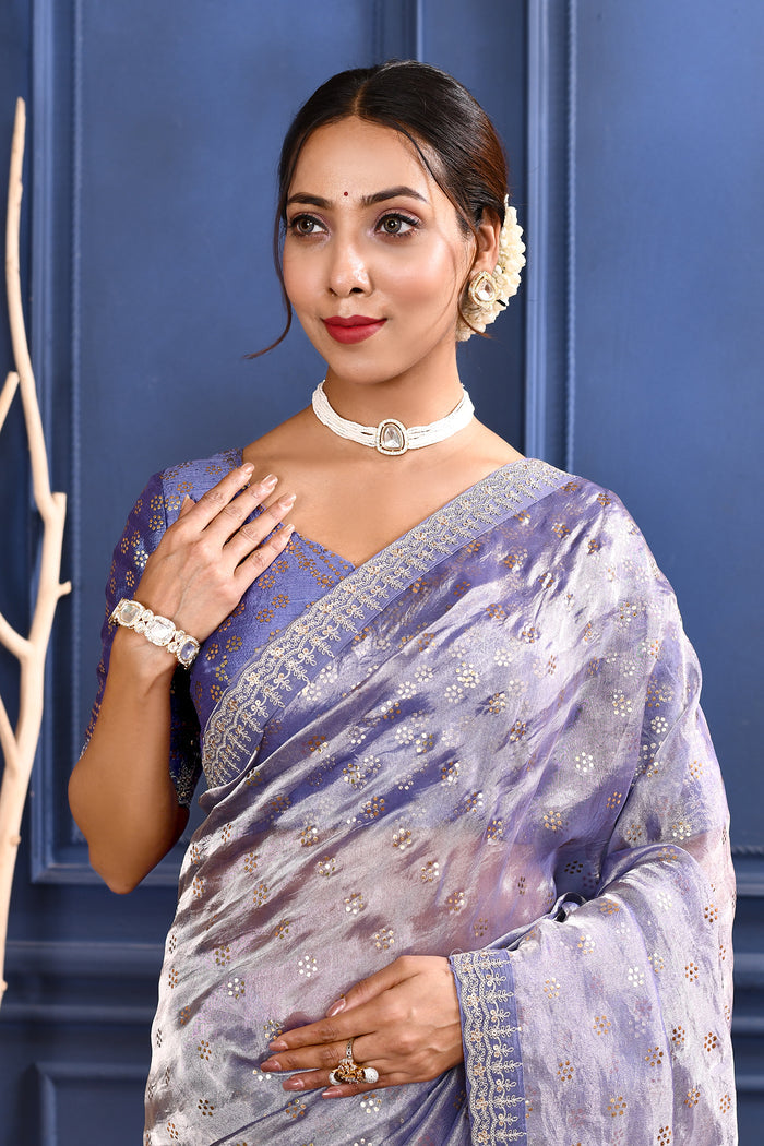 Rich Purple Embroidered Tissue Foil Saree