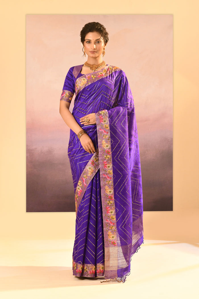 Rich Violet Foil Printed Dupion Silk Saree