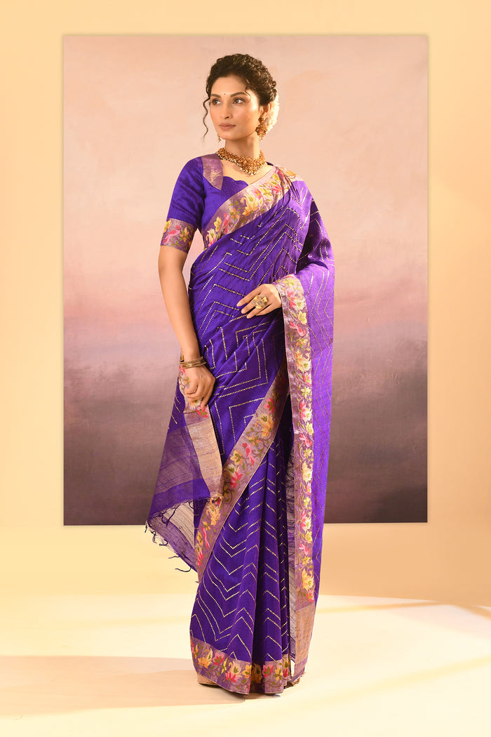 Rich Violet Foil Printed Dupion Silk Saree