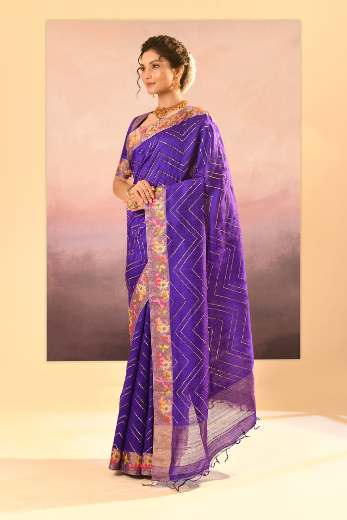 Rich Violet Foil Printed Dupion Silk Saree