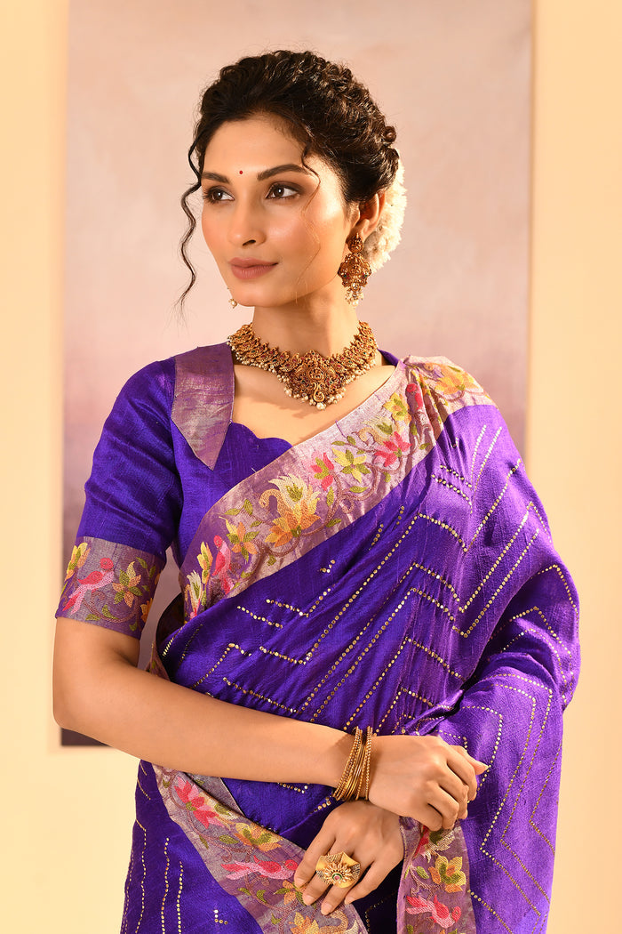 Rich Violet Foil Printed Dupion Silk Saree