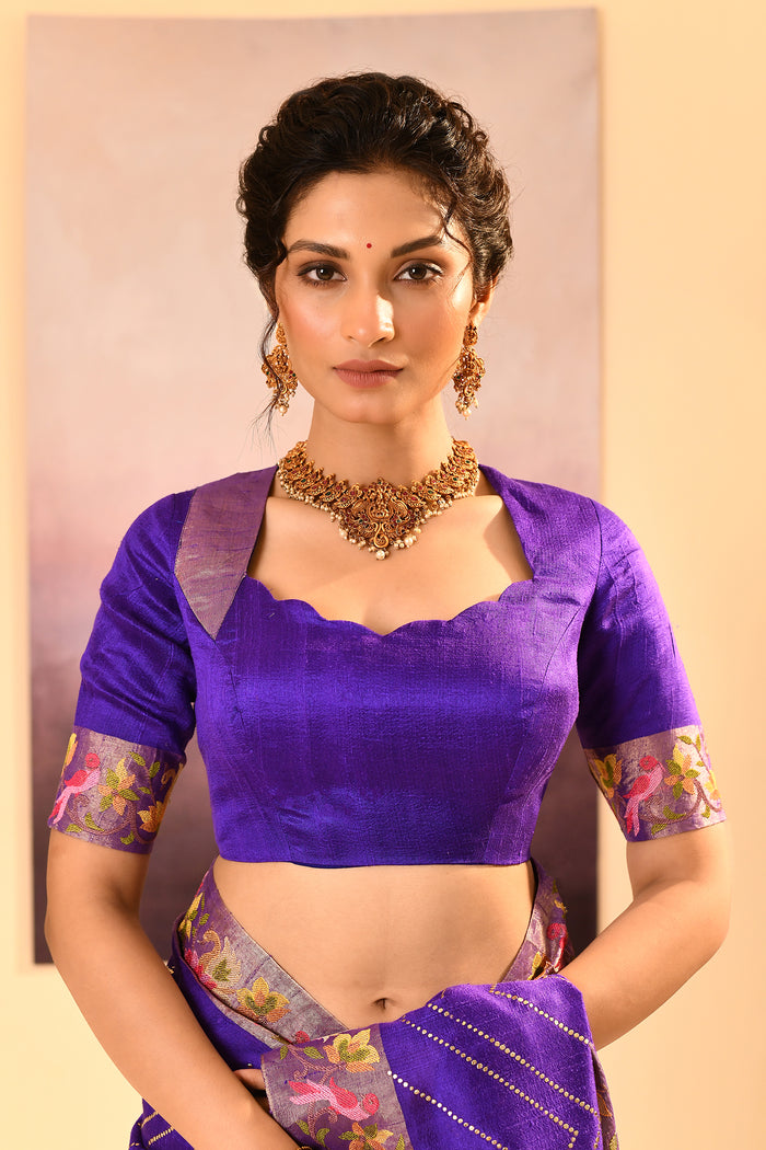 Rich Violet Foil Printed Dupion Silk Saree