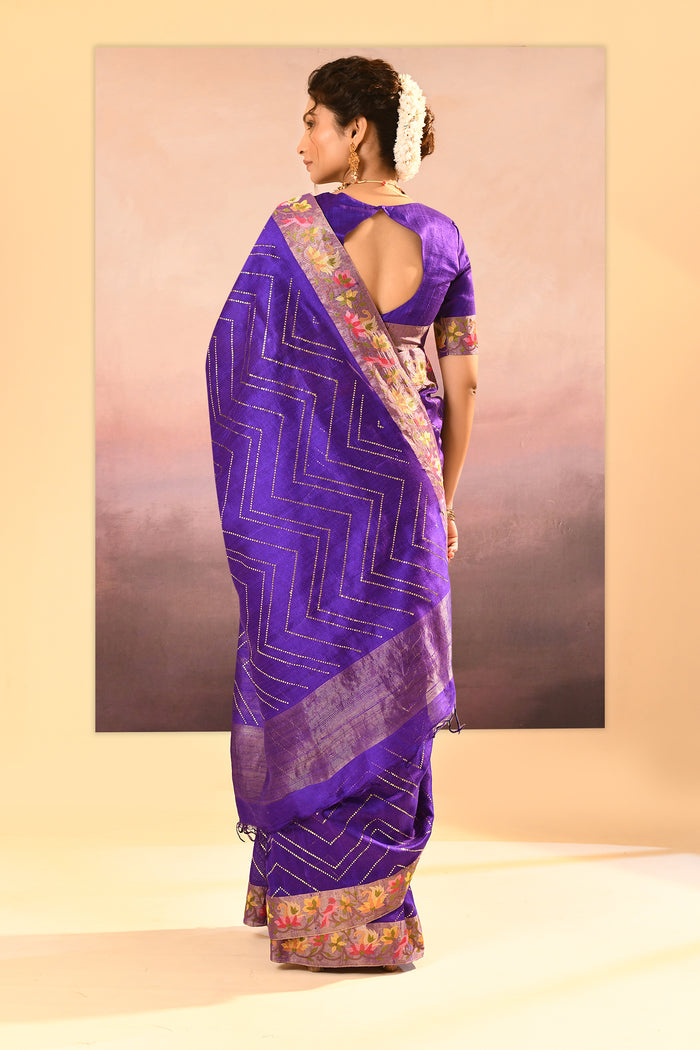Rich Violet Foil Printed Dupion Silk Saree
