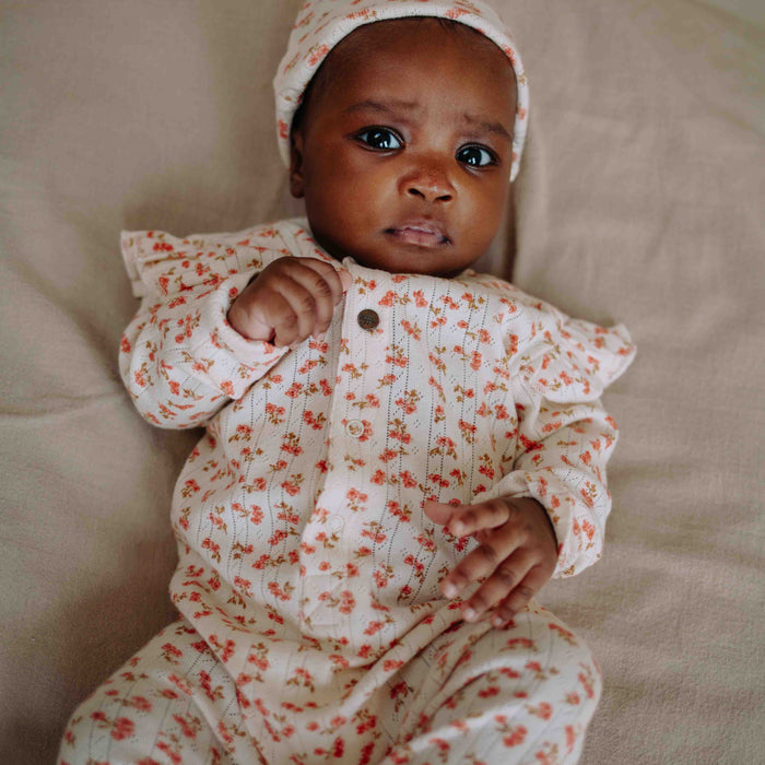 Riffle (Amsterdam) - Organic Ruffle Sleeve Romper - Pointelle Blossom-Footies + Rompers (Fashion)-0-3M (1M)-Posh Baby