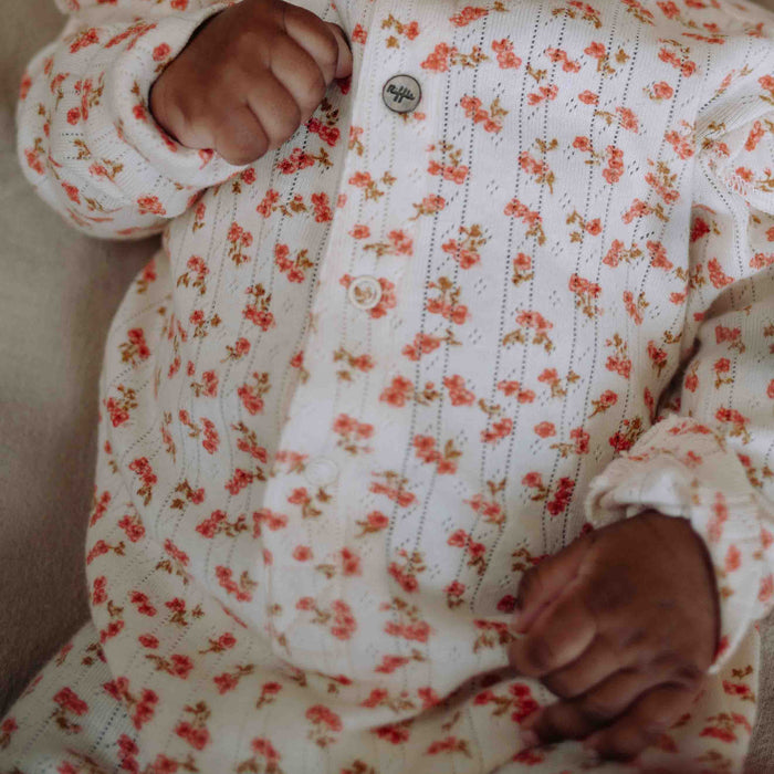 Riffle (Amsterdam) - Organic Ruffle Sleeve Romper - Pointelle Blossom-Footies + Rompers (Fashion)-0-3M (1M)-Posh Baby