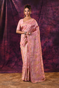 Romantic Rose Pink With Gold Floral And Architectural Motifs Chanderi Saree