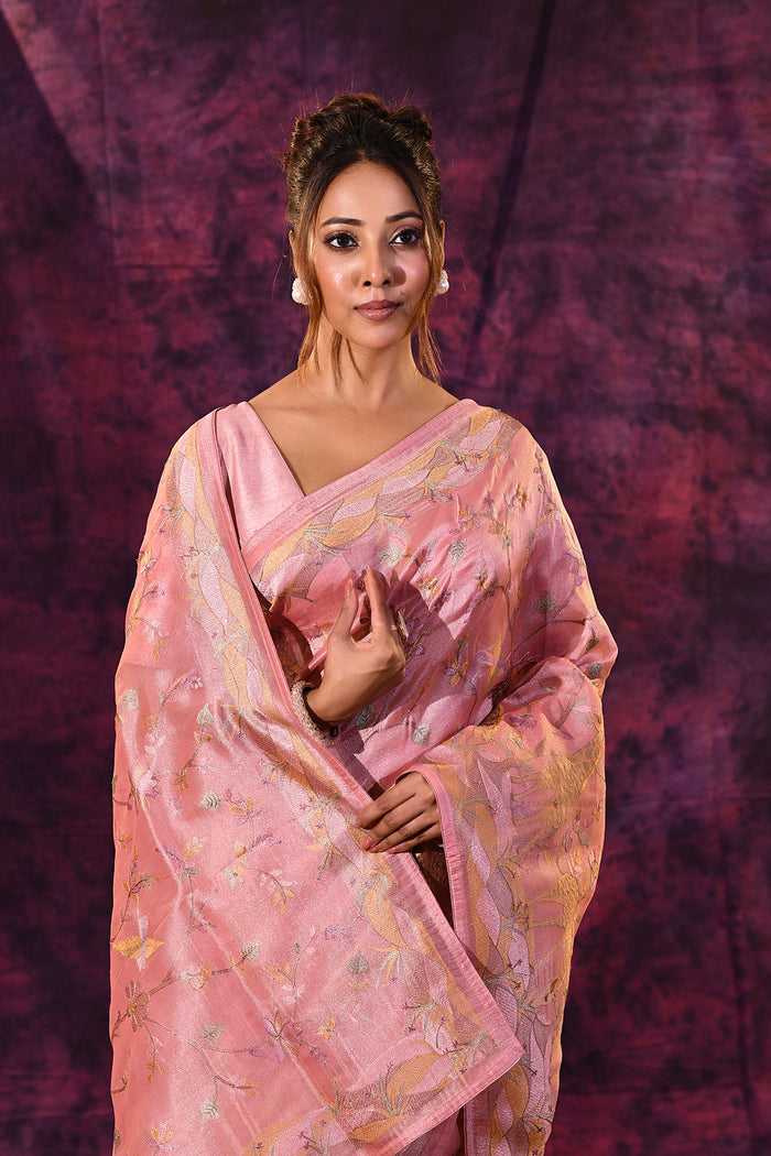 Romantic Rose Pink With Gold Floral And Architectural Motifs Chanderi Saree