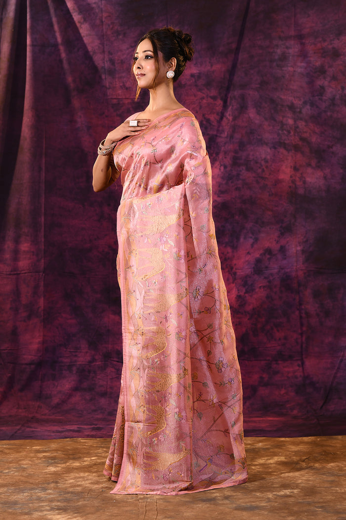 Romantic Rose Pink With Gold Floral And Architectural Motifs Chanderi Saree