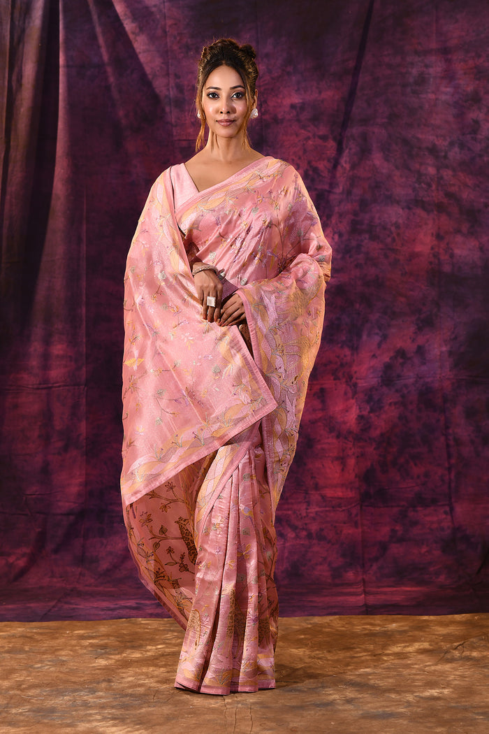 Romantic Rose Pink With Gold Floral And Architectural Motifs Chanderi Saree
