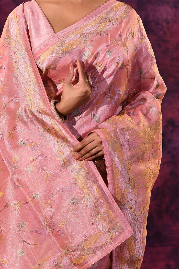 Romantic Rose Pink With Gold Floral And Architectural Motifs Chanderi Saree