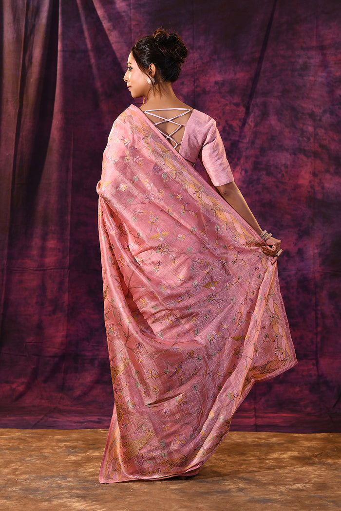 Romantic Rose Pink With Gold Floral And Architectural Motifs Chanderi Saree