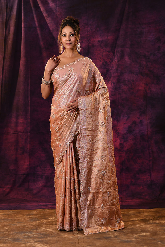 Rose Gold Saree With Criss-Cross Floral Lattice Embroidery And Wide Scalloped Border