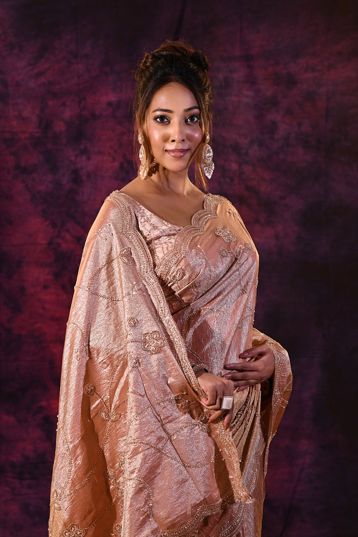 Rose Gold Saree With Criss-Cross Floral Lattice Embroidery And Wide Scalloped Border
