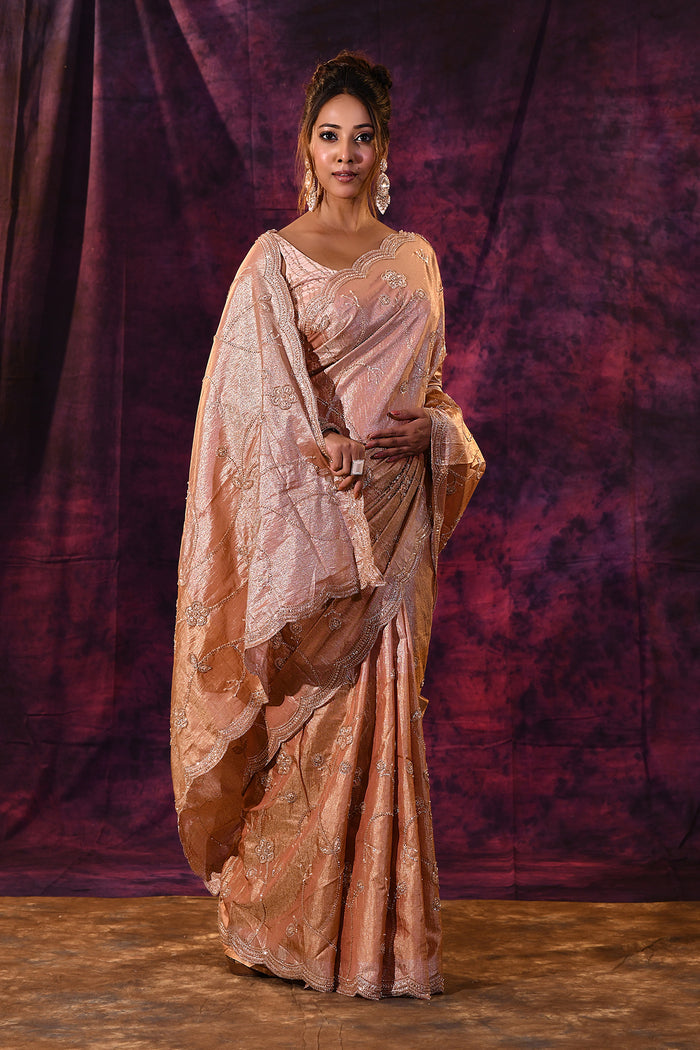Rose Gold Saree With Criss-Cross Floral Lattice Embroidery And Wide Scalloped Border