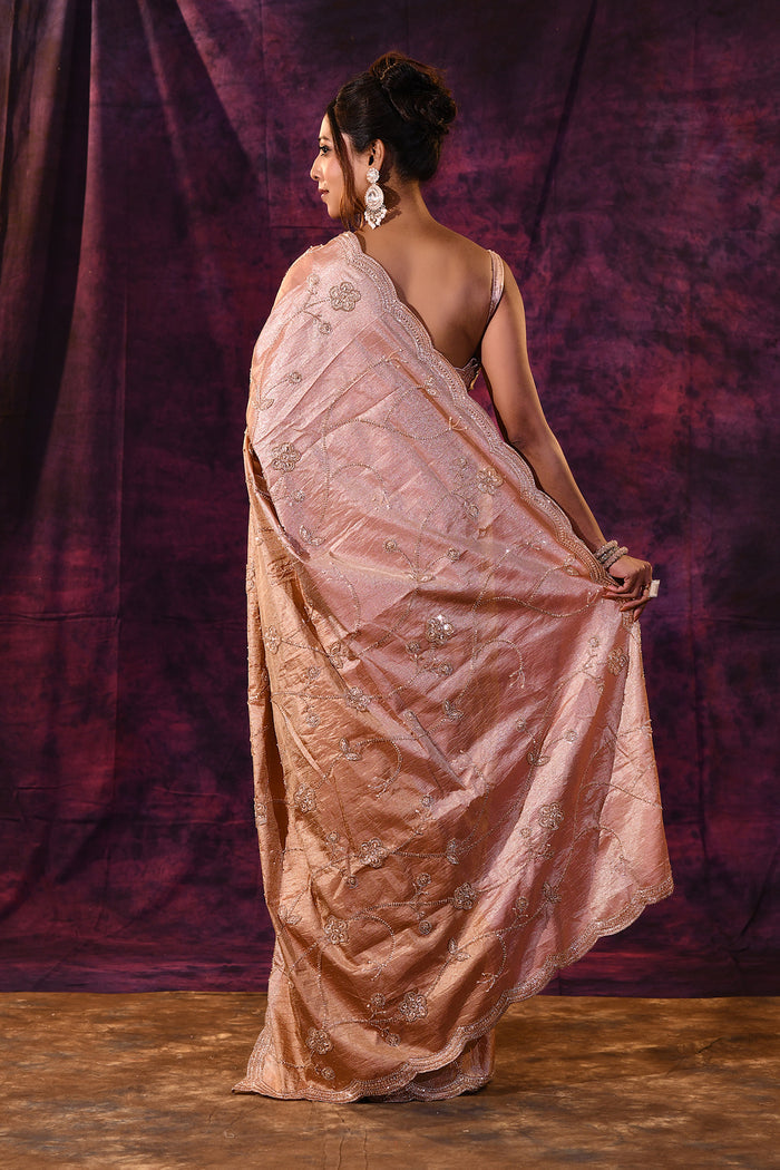 Rose Gold Saree With Criss-Cross Floral Lattice Embroidery And Wide Scalloped Border