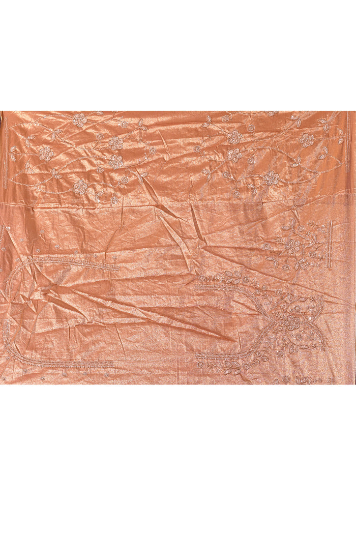 Rose Gold Saree With Criss-Cross Floral Lattice Embroidery And Wide Scalloped Border