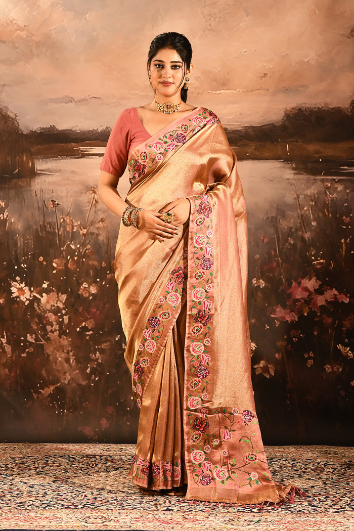 Rose Gold With Butterfly And Floral Motif Border Designer Saree