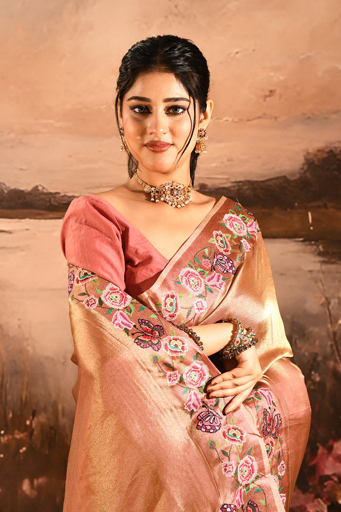 Rose Gold With Butterfly And Floral Motif Border Designer Saree