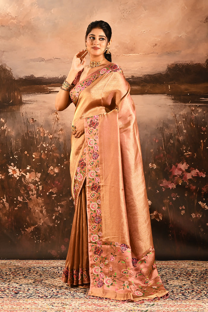 Rose Gold With Butterfly And Floral Motif Border Designer Saree