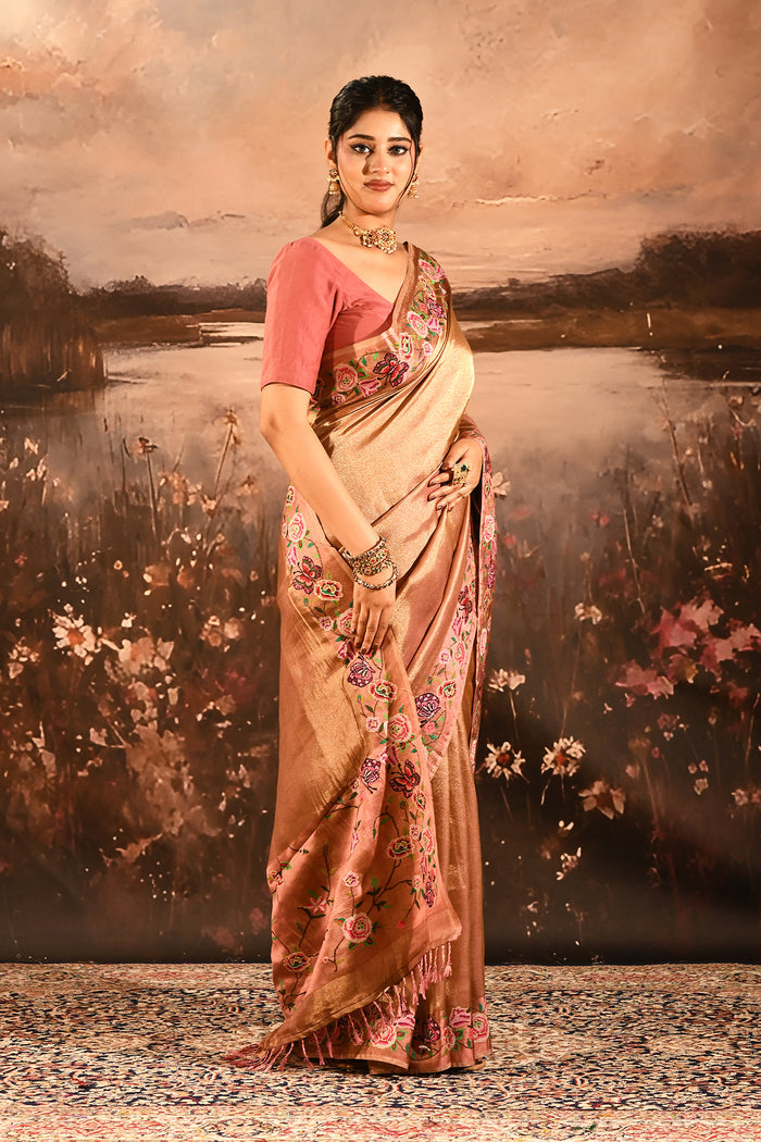 Rose Gold With Butterfly And Floral Motif Border Designer Saree