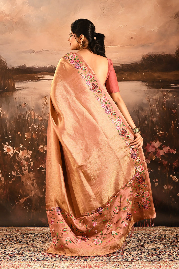 Rose Gold With Butterfly And Floral Motif Border Designer Saree