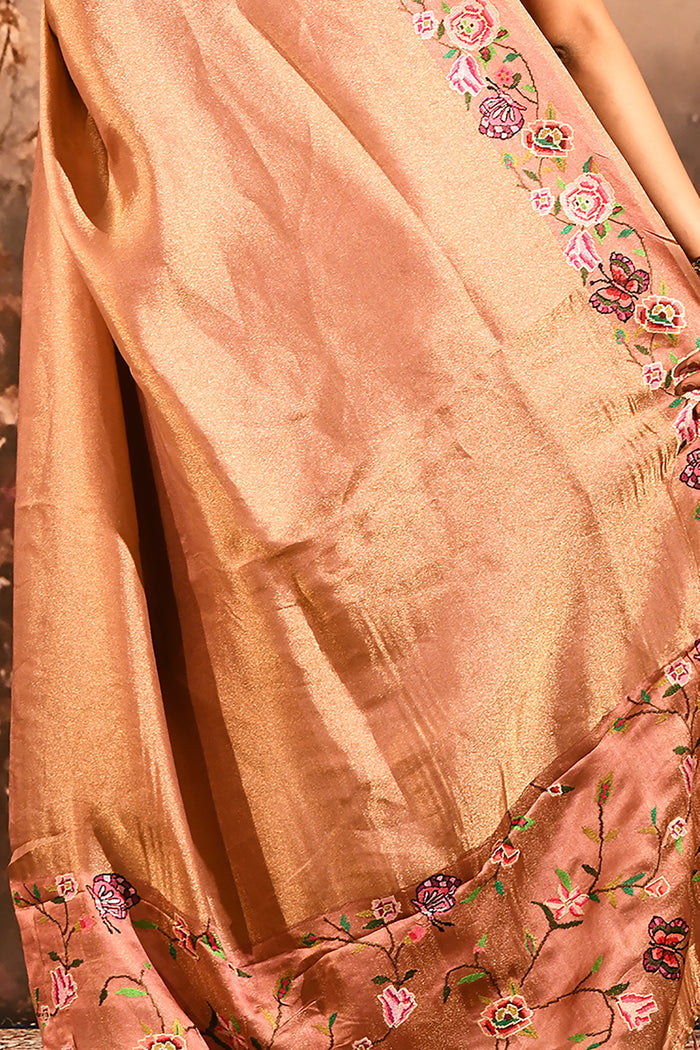Rose Gold With Butterfly And Floral Motif Border Designer Saree