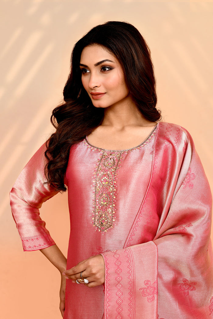 Rose Pink Banarasi Tissue Silk Kurta Set