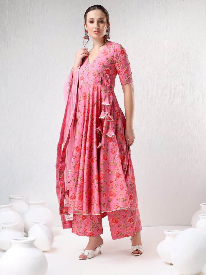 Rose Pink Floral Printed Cotton Anarkali Set With Tassel Ties