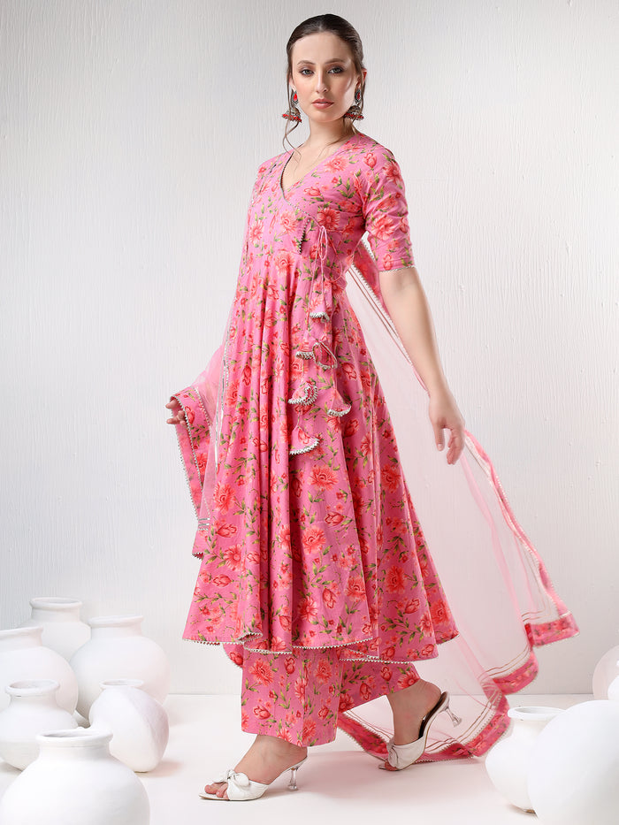 Rose Pink Floral Printed Cotton Anarkali Set With Tassel Ties