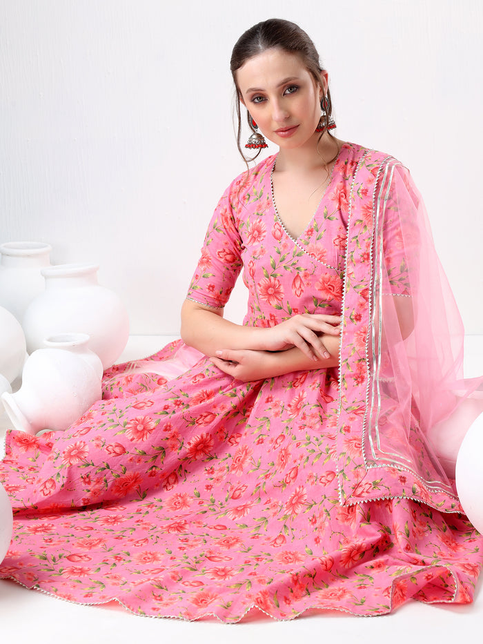 Rose Pink Floral Printed Cotton Anarkali Set With Tassel Ties