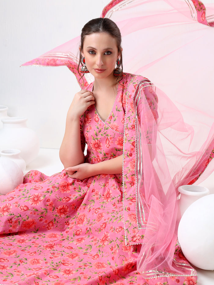 Rose Pink Floral Printed Cotton Anarkali Set With Tassel Ties