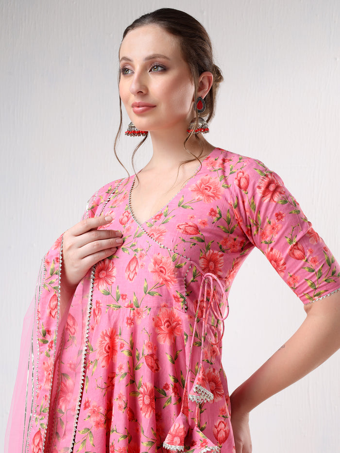 Rose Pink Floral Printed Cotton Anarkali Set With Tassel Ties