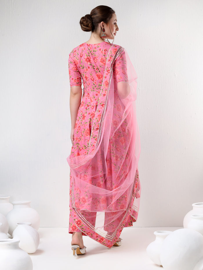 Rose Pink Floral Printed Cotton Anarkali Set With Tassel Ties