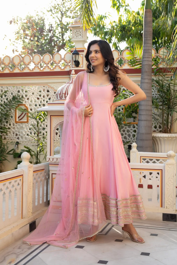 Rose Pink Organza Anarkali With Gota Hem