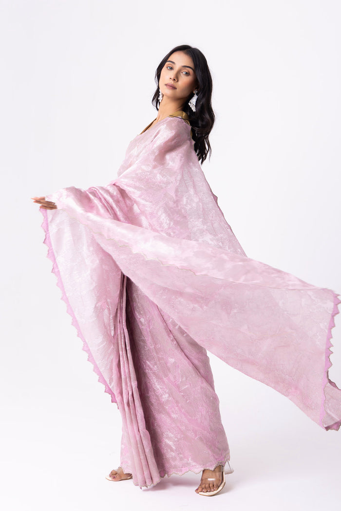 Rose Pink Viscose Jacquard Saree With Scallop Border