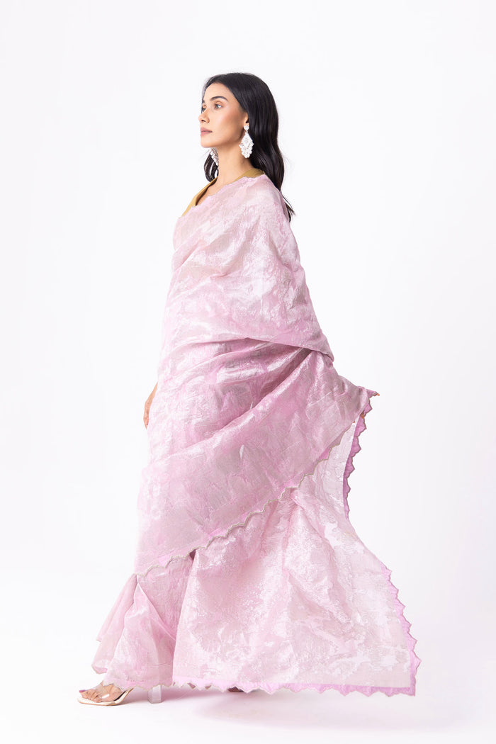 Rose Pink Viscose Jacquard Saree With Scallop Border