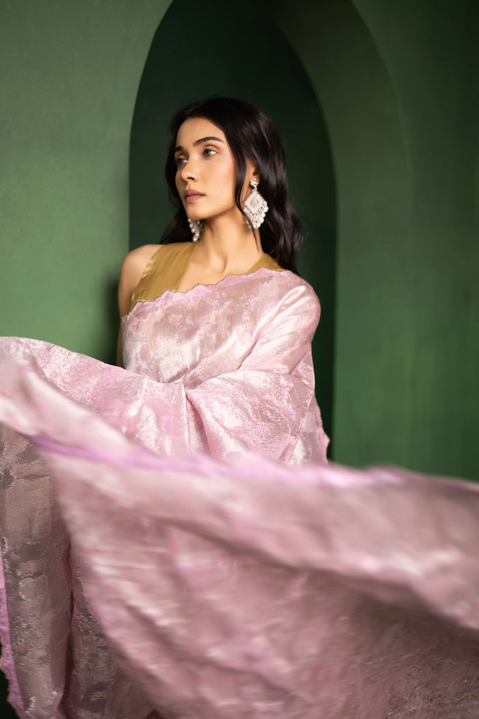 Rose Pink Viscose Jacquard Saree With Scallop Border