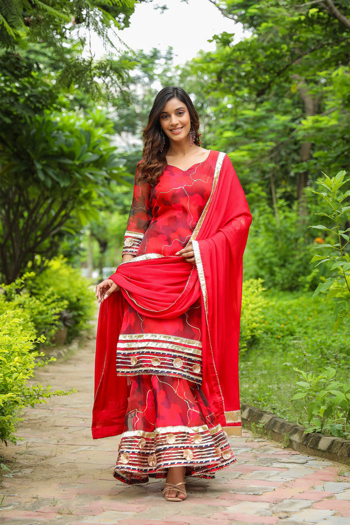 <img> Rose Red Organza Abstract Printed Sharara Set