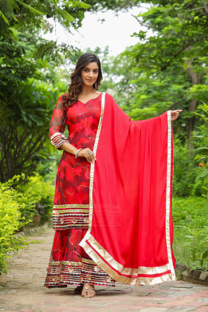 <img> Rose Red Organza Abstract Printed Sharara Set