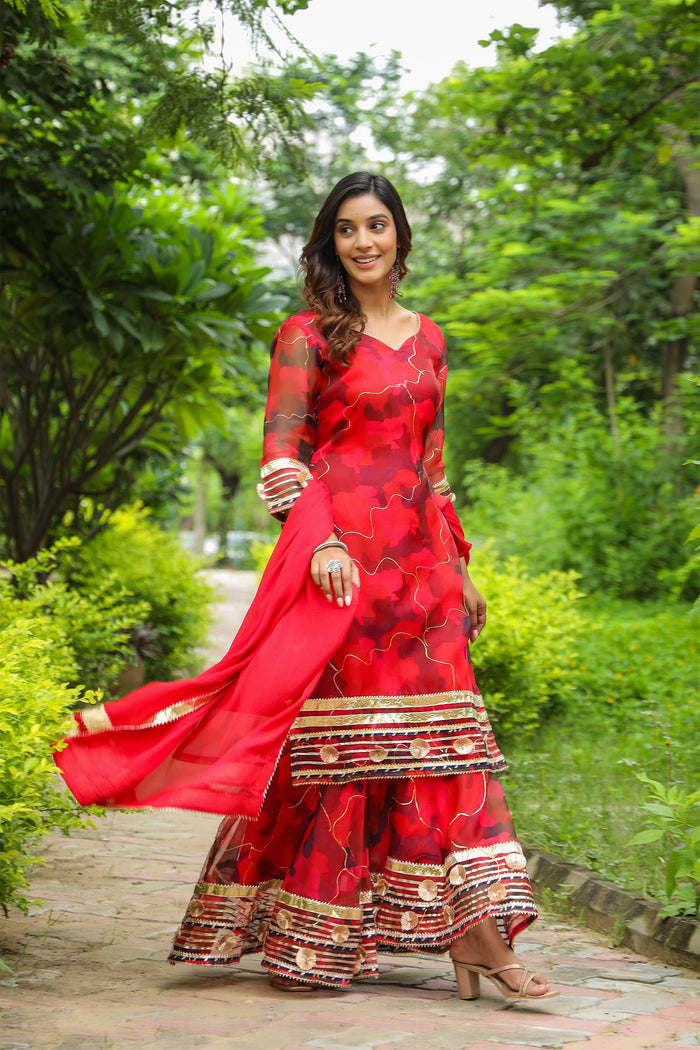 <img> Rose Red Organza Abstract Printed Sharara Set