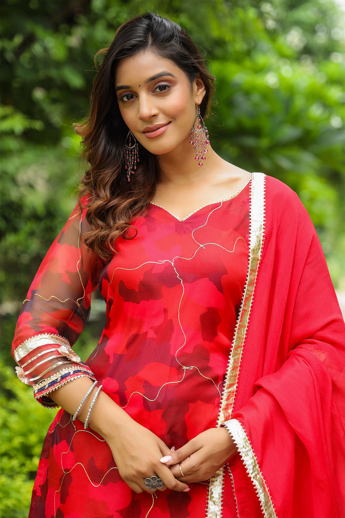 <img> Rose Red Organza Abstract Printed Sharara Set