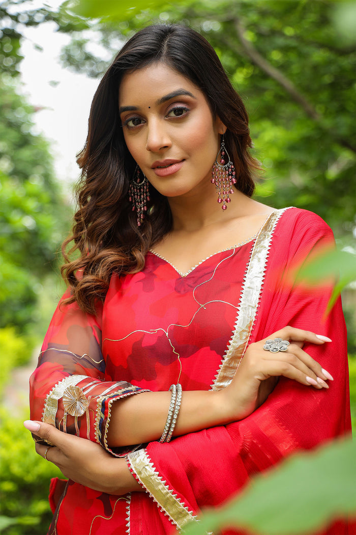 <img> Rose Red Organza Abstract Printed Sharara Set