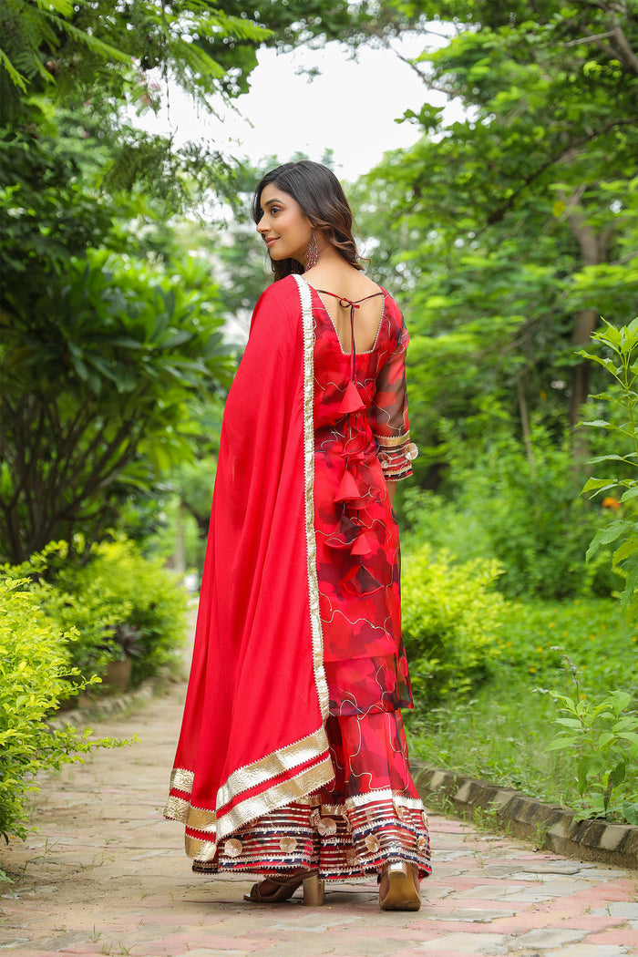 <img> Rose Red Organza Abstract Printed Sharara Set