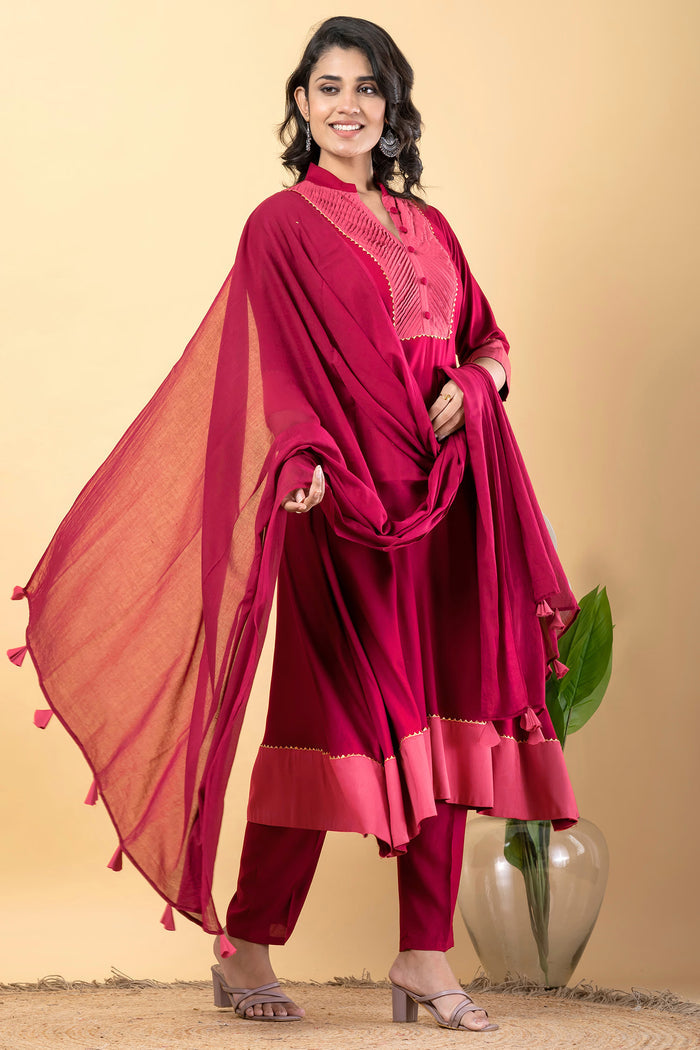 Rose Red Rayon Anarkali Set