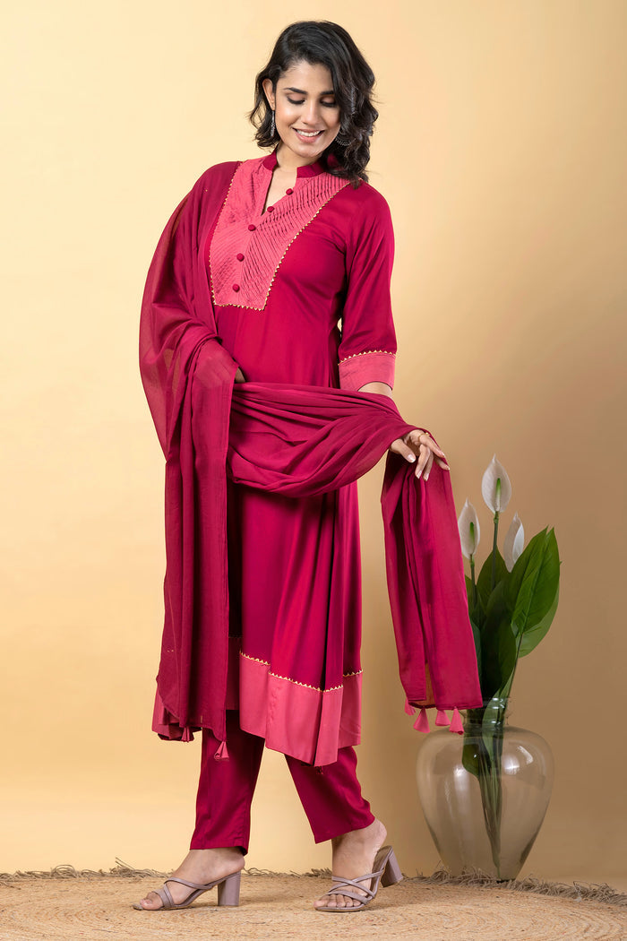 Rose Red Rayon Anarkali Set